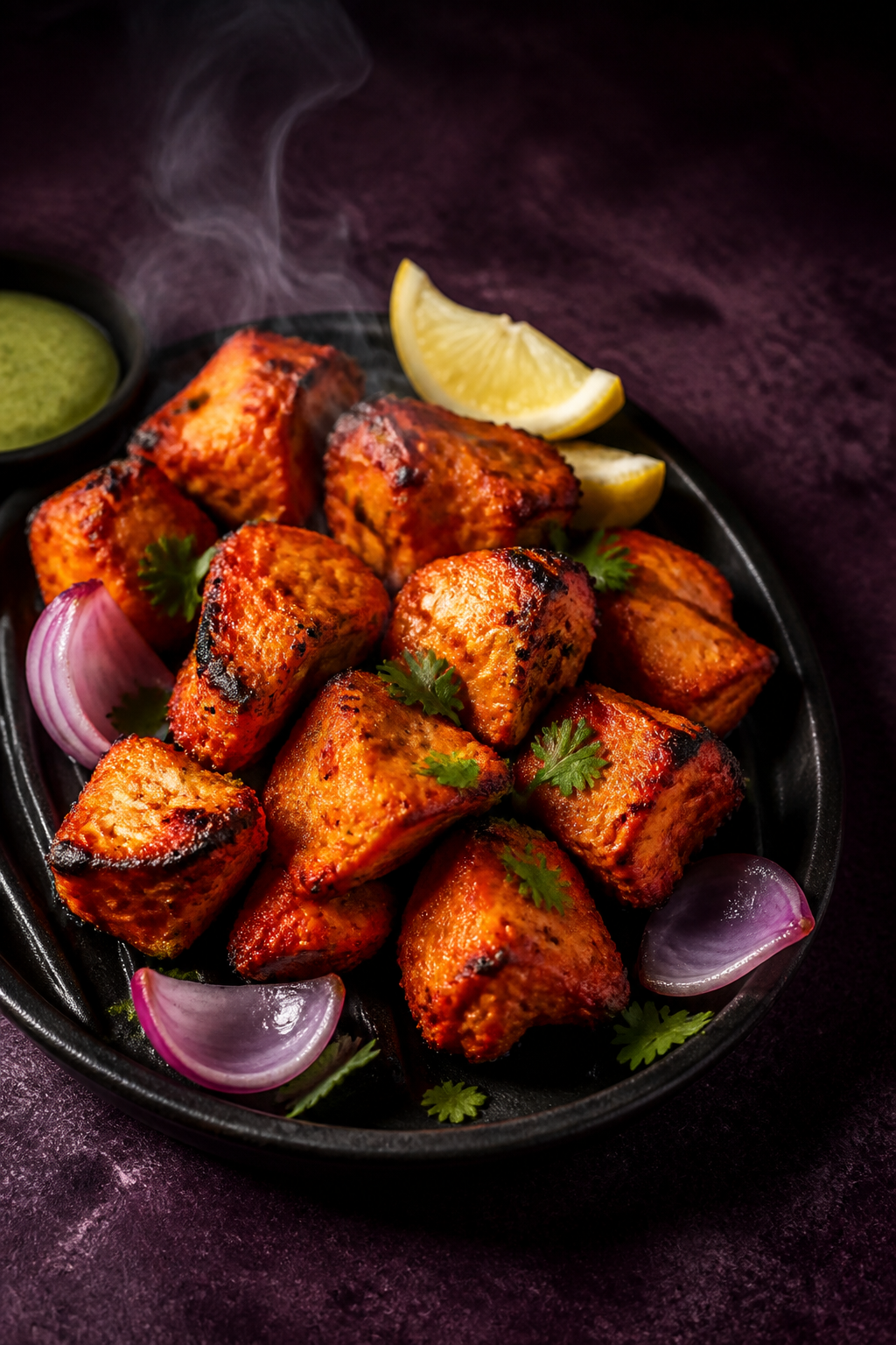 Charred boneless chicken tikka with red onion, lemon and coriander