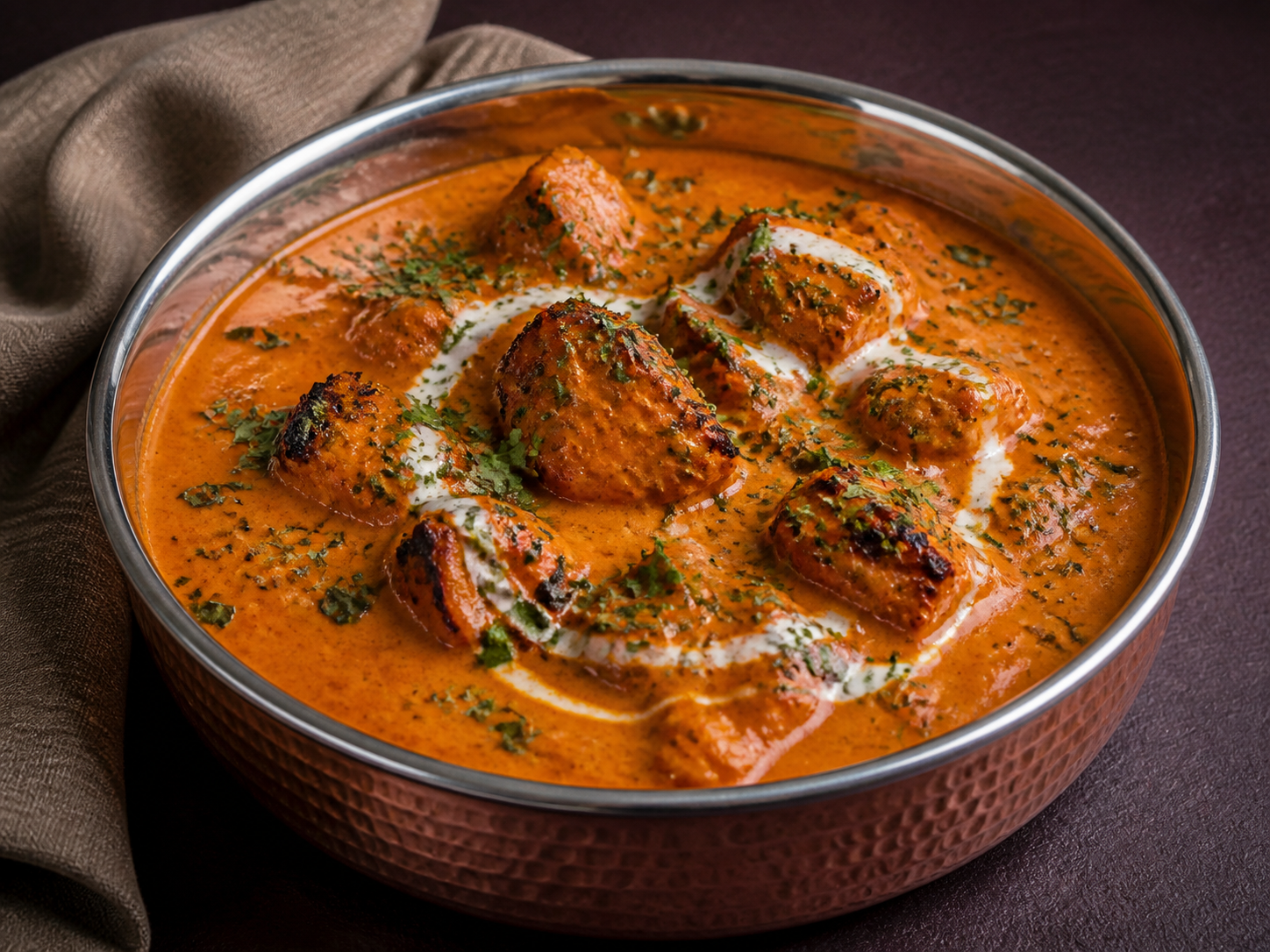 Freshly cooked butter chicken curry with charred chicken, cream and fenugreek