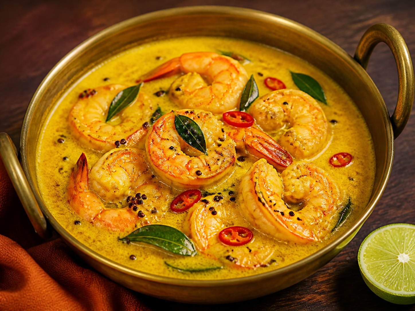 Golden coconut prawn curry with curry leaves and fresh chilli