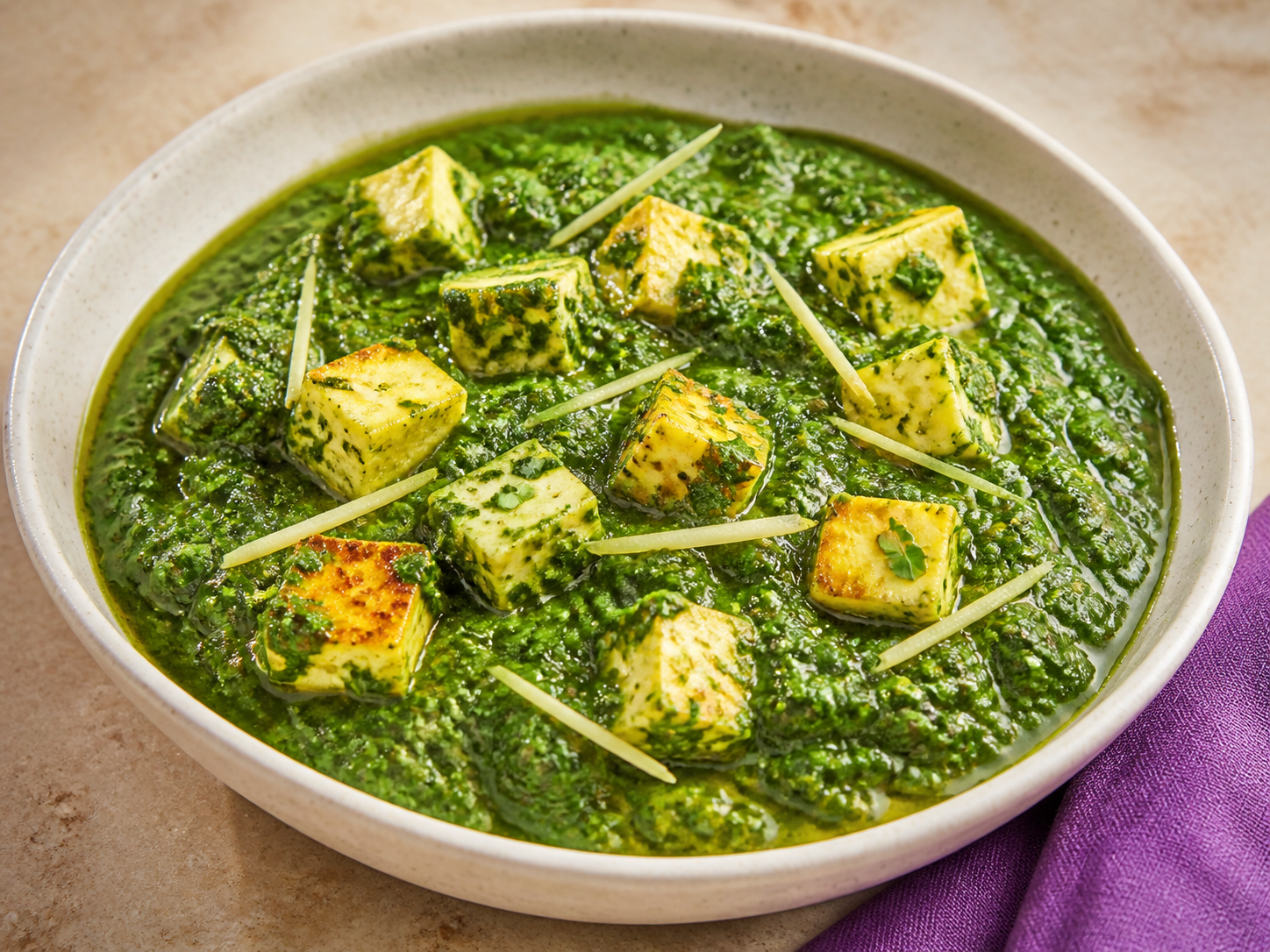 Fresh saag paneer curry with golden paneer and ginger