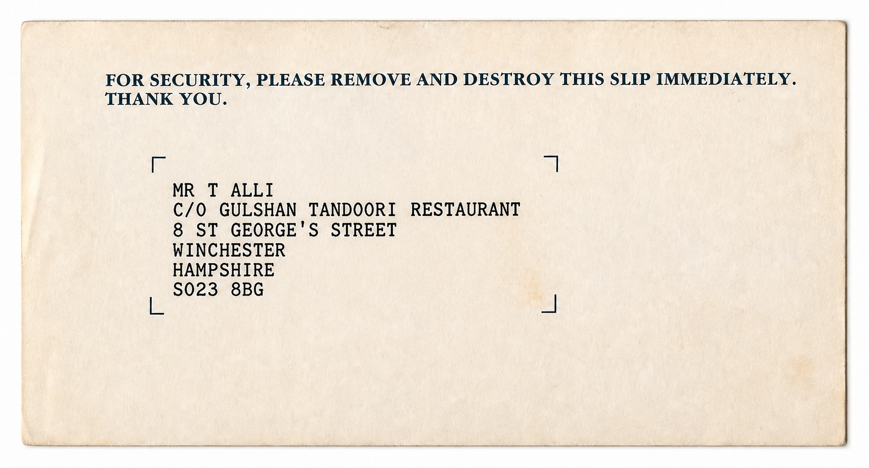 Historic bank envelope addressed to Mr T Alli at Gulshan Tandoori Restaurant, 8 St Georges Street, Winchester SO23 8BG