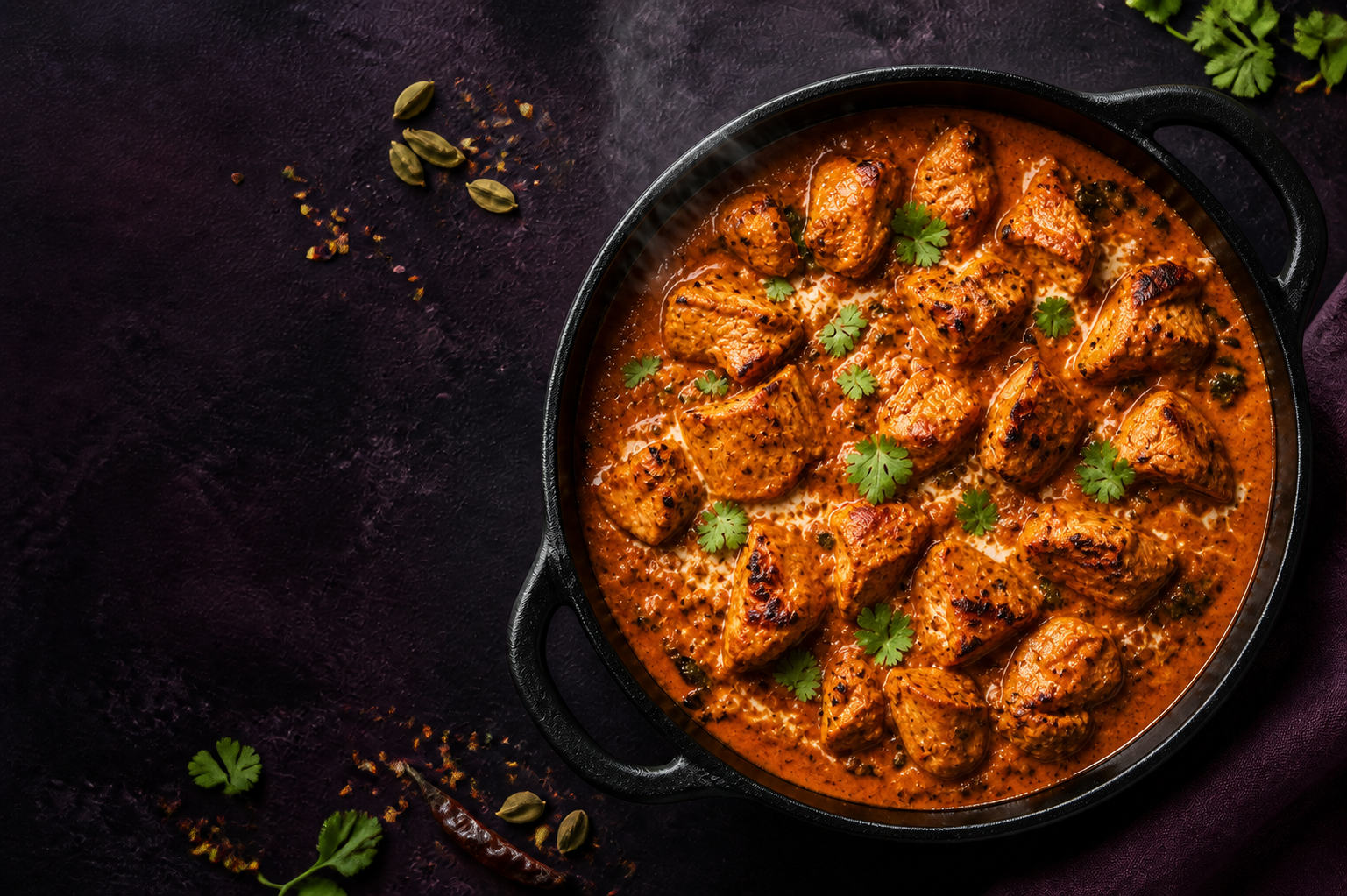 Freshly cooked boneless chicken curry with coriander and toasted spices